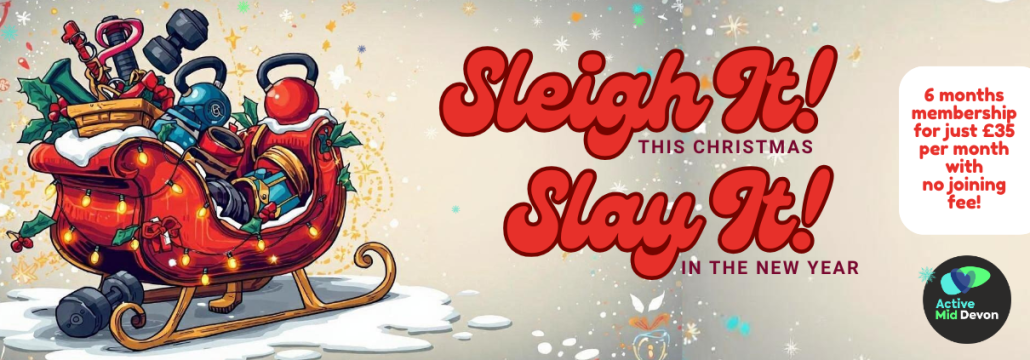 Sleigh It this Christmas WEB BANNER red sleigh full of gym equipment